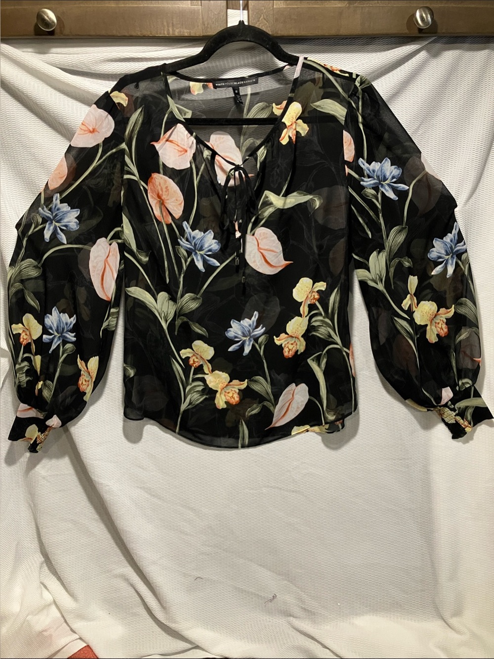 White House Black Market Black Sheer Floral Tie-Neck Blouse